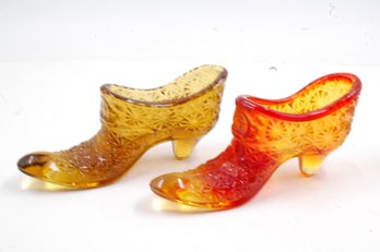 Pair Of Vintage Orange / Amber Shoe Shaped Art Glass - 5.5' Long By 3' Tall
