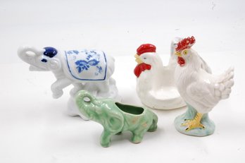 Chicken / Hen / Elephant Themed Figures, Planter, Candle Holder Lot