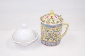 Vintage 5.5' China Jar With Lid & Milk Glass Grape Themed Candy Dish 4.5' Diameter With Lid