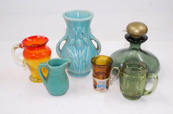 Vintage Glassware And Pottery Lot - Vases, Pitchers, Bottle, Shot Glasses