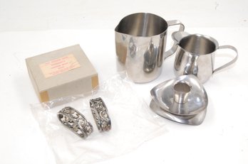 Vintage Rogers Esperanto Silver Napkin Rings & Stainless Steel Creamers & Candle Holder