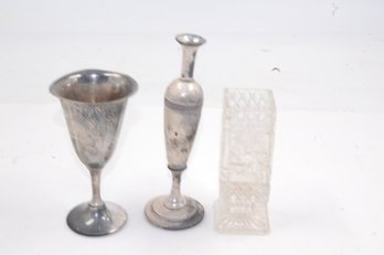 4.75' Wallace E.P.W. Cup, Branded 6.25 Metal Vase & 4.5' Cut Glass Vase