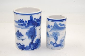Pair Of Vintage Tall Blue Scene Ceramic Vases / Jars - 5.5' & 4.5' Tall