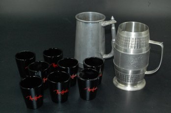 Pair Of Pewter Beer Steins/mugs & Set Of 8 New York Shot Glasses