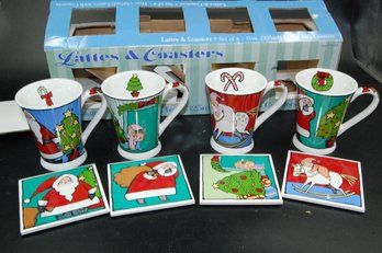New Set Of 4 Latte Mugs & Coasters - Christmas Themed