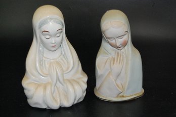 Pair Of Female Ceramic Figures - Mary? - 8.5' & 8' Tall - One Made In Japan, Other Hand Painted Signed