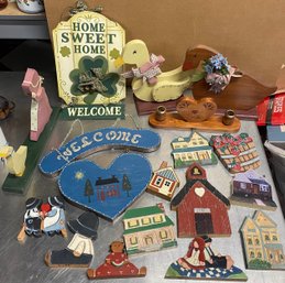 Large Lot Of Wooden Home Decor Signs Candle Holder Misc
