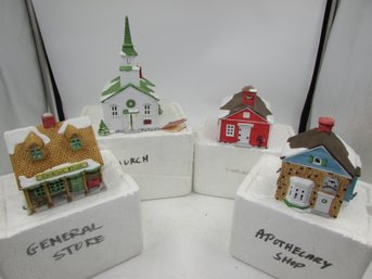 Lot Of Dept 56 New England Village Houses & Buildings (general Store, Church, School House, Apothecary Shop)
