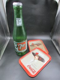 Large 24' Vintage 7up Piggy Bank Coin Bottle & Coca-cola Metal Trays