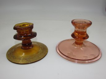 Vintage Glass Candle Stick Holders - One Amber & The Other Pink - Glassware