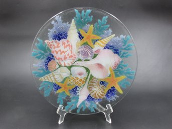 Very Nice Ocean / Coral / Starfish  Seashell Themed 11' Glass Serving Dish  Platter