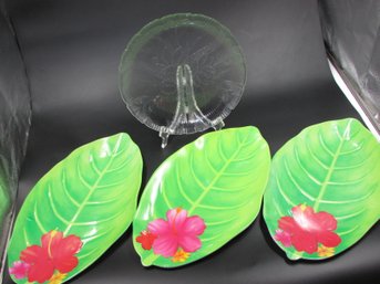 10.75' Diameter Glass Serving Platter & Three 16' Long Leaf Shaped Melamine Plastic Serving Dishes