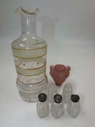 Vintage Glassware Lot - Bottled/decanter, Salt & Pepper Shakers, Small Vase Decor