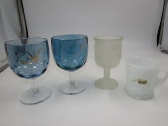 Vintage Glassware Lot (milk Glass Mug, 6' Frosted Glass Goblet & Pair Of 6.25' Blue Glass Goblets)