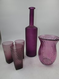 Lot Of Purple Glassware (15.5' Decanter Bottle, 7.75' Vase & 6' Cups)