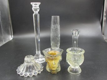 Vintage Glassware / Glass Lot - Candle Holders & Etched Vase