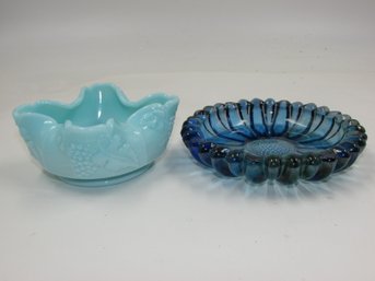 Vintage Blue Glass Ashtray & Baby Blue Grape Themed Candy Dish