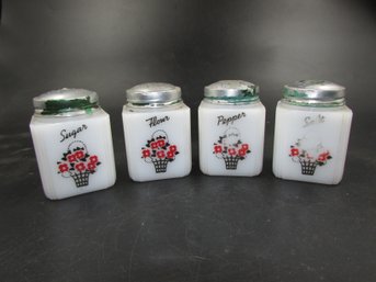 Set Of 4 Vintage Tipp-USA White Milk Glass Salt, Pepper, Flour & Sugar Shakers