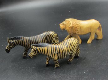 Carved Wood Animal Figures Decor - Lion & 2 Zebras