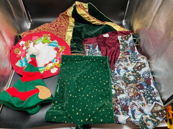 Lot Of Christmas Holiday Items Tree Skirt Table Runner Elf Hat Vest