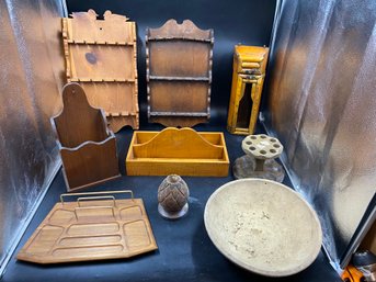 Lot Of Misc Vintage Wood Items Holders Desktop Bowl