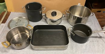 Lot Of Pots Pans Roaster Calphalon Monix And Misc Others