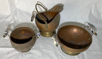 Lot Of Vintage Copper Bowls And Pitcher With Ceramic Handles