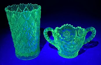 Vaseline Uranium Glass  Lot Of 2 Cut Crystal Glassware Vase And Cup Gorgeous