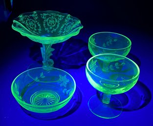 Vaseline Uranium Glass  Lot Of 4 Etched Glassware Pieces