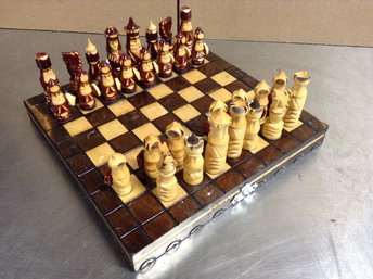 Small Hand Carved Wood Chess Set In Foldable Travel Board