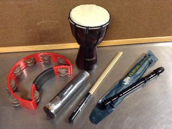 Musical Instruments Lot (drum, Tudor Recorder, Rainmaker, Tambourine)