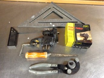 Tools (rafter Angle Square, 2 Table Vise, Hand Saw, Vintage Tool)