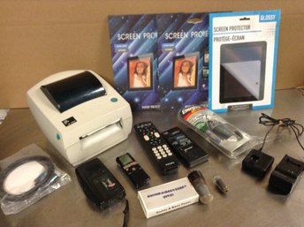 Zebra Thermal Printer, Digital Voice Recorder, Remotes, Power Adapter, Guitar Tuner, Ipad Screen Protectors