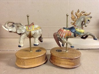 Lot Of 2 Albert E. Price Carousel Horse Collection Music Box With Oak Base