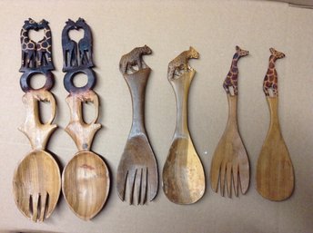 Handcarved Wooden Fork / Spoon Serving Or Decorative Sets