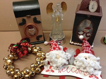 Christmas Holiday Home Decor (angel Figure, Metal Lantern, Wreath, Sign, Wood Box)