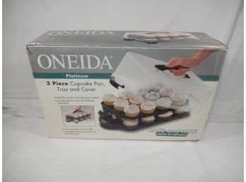 New Oneida Platinum Cupcake Pan Tray Cover Holder Carrier