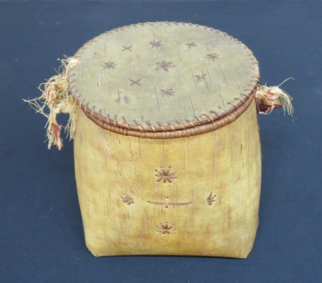 Native American Birch Bark Covered Container With Basket Swing Handle Possibly Applied Later.
