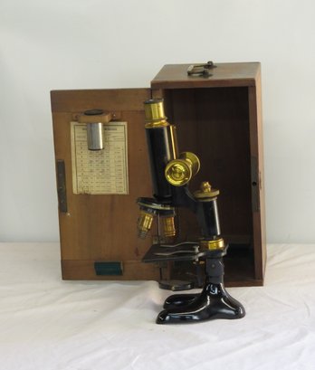 Early Microscope In Mahogany Case, Signed Nachet Paris