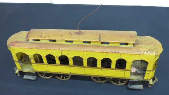 Tin Trolley Friction Toy In Original Paint, Sold With Small Tin Train Car