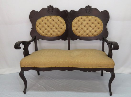 Mahogany Victorian Love Seat With Sunflower Carved Crest