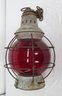 Onion Lamp With Red Shade, Tin With Cage Around Globe