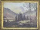 Oil On Artist Board, Wilderness, Stream With Mountains In Background, Signed J.H.J. 85