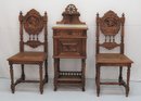 Marble Top Elaborately Carved Marble Top Oak Stand And Two Matching Portrait Carved Oak Side Chairs