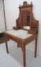 Elaborately Carved And Spool Turned Oak Marble Top Vanity With Beveled Glass Mirror