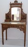Elaborately Carved And Spool Turned Oak Marble Top Vanity With Beveled Glass Mirror