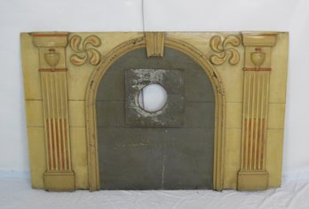 Paint Decorated Fireboard Flanked By Fluted Columns Capped With Pinwheels