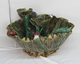 Large Pottery Fountain Bowl With Birds, Frogs, Flowers, Lily Pads, And A Crab Missing One Leg