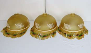 Three Amber Shades With Beaded Rims With White Enameled Flowers