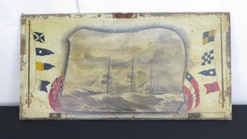 Sea Chest Lid, Painted With A Three-mast Schooner In Rough Sea